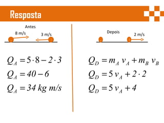 Resposta  A B 8 m/s 3 m/s Antes A B 2 m/s Depois 