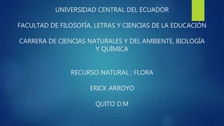 UNIVERSIDAD CENTRAL DEL ECUADOR
FACULTAD DE FILOSOFÍA, LETRAS Y CIENCIAS DE LA EDUCACIÓN
CARRERA DE CIENCIAS NATURALES Y DEL AMBIENTE, BIOLOGÍA
Y QUÍMICA
RECURSO NATURAL : FLORA
ERICK ARROYO
QUITO D.M
 