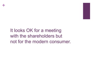 +




    It looks OK for a meeting
    with the shareholders but
    not for the modern consumer.
 