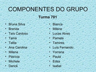 COMPONENTES DO GRUPO Bruna Silva Brenda Taís Cardoso Tainá Talita Ana Carolina Milena Patrícia Michele Derick Bianca Milene Lucas Alves Pamela Tamires Luís Fernando Yorrana Paula Edsa Isabel Turma 701 