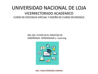 UNIVERSIDAD NACIONAL DE LOJA
VICERRECTORADO ACADEMICO
CURSO DE DOCENCIA VIRTUAL Y DISEÑO DE CURSO EN MOODLE
DRA. FLORA CEVALLOS CARRION
ROL DEL TUTOR EN EL PROCESO DE
ENSEÑANZA- APRENDIZAJE e- Learning
 