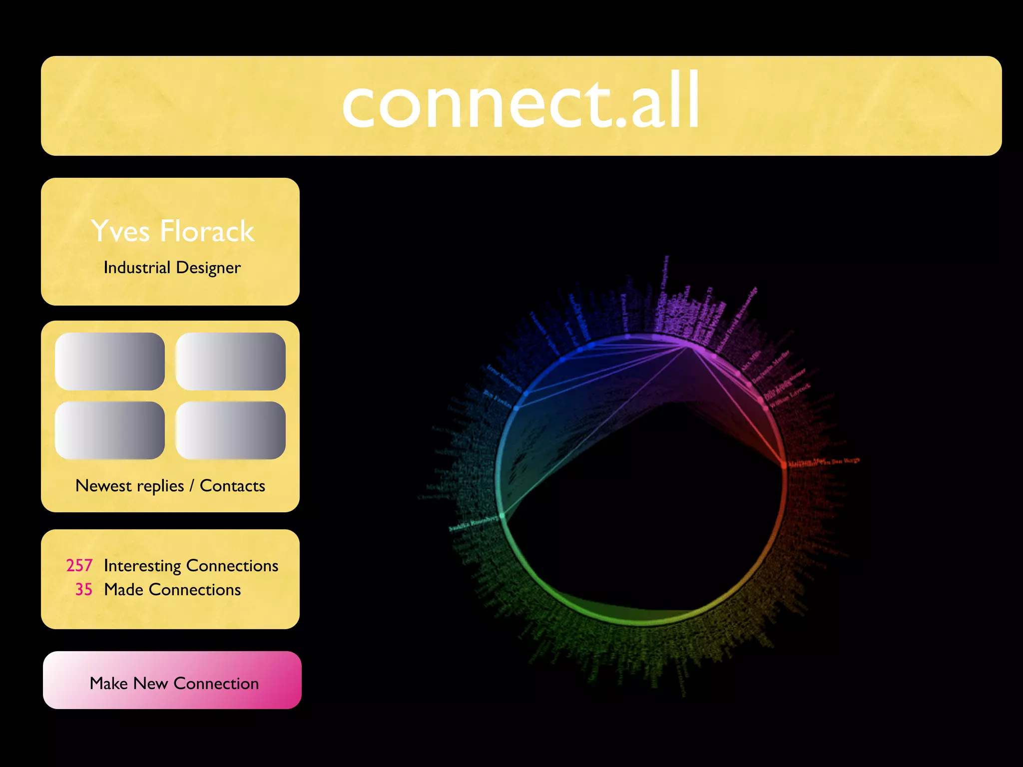 connect.all
   Yves Florack
    Industrial Designer




 Newest replies / Contacts



257 Interesting Connections
 35 Made Connections




  Make New Connection
 