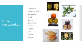 Frutas
características
 Chontaduro.
 Tomate de árbol.
 Mamoncillo.
 Arazá.
 Uchuva.
 Guanábana.
 Marañón.
 Freijoa.
 Lulo.
 Curuba.
 Gulupa.
 