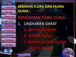 GEOGRAFI
SEBARAN FLORA DAN FAUNA
DUNIA :
PERSEBARAN FLORA DUNIA :
1. LINGKARAN DARAT
A. BIOMA TUNDRA
B. BIOMA TAIGA
C. BIOMA HUTAN HUJAN
TROPIS BASAH
 