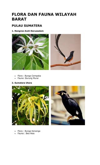 FLORA DAN FAUNA WILAYAH
BARAT
PULAU SUMATERA
1. Nangroe Aceh Darussalam

Flora : Bunga Cempaka
Fauna :Burung Murai
2. Sumatera Utara

Flora : Bunga Kenanga
Fauna : Beo Nias

 