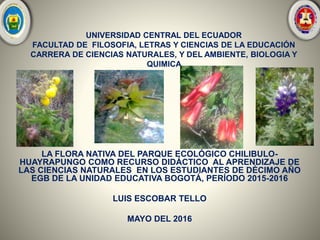 UNIVERSIDAD CENTRAL DEL ECUADOR
FACULTAD DE FILOSOFIA, LETRAS Y CIENCIAS DE LA EDUCACIÓN
CARRERA DE CIENCIAS NATURALES, Y DEL AMBIENTE, BIOLOGIA Y
QUIMICA
LA FLORA NATIVA DEL PARQUE ECOLÓGICO CHILIBULO-
HUAYRAPUNGO COMO RECURSO DIDÁCTICO AL APRENDIZAJE DE
LAS CIENCIAS NATURALES EN LOS ESTUDIANTES DE DÉCIMO AÑO
EGB DE LA UNIDAD EDUCATIVA BOGOTÁ, PERÍODO 2015-2016
LUIS ESCOBAR TELLO
MAYO DEL 2016
 