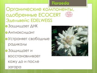 Органические компоненты,
одобренные ECOCERT
Эдельвейс EDELWEISS
Защищает ДНК
Антиоксидант
Устраняет свободные
радикалы
Защищает и
восстанавливает
кожу до и после
загара
 