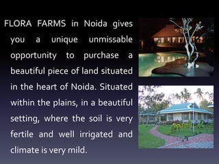 FLORA FARMS in Noida gives
you a unique unmissable
opportunity to purchase a
beautiful piece of land situated
in the heart of Noida. Situated
within the plains, in a beautiful
setting, where the soil is very
fertile and well irrigated and
climate is very mild.
 