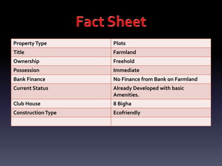 PropertyType Plots
Title Farmland
Ownership Freehold
Possession Immediate
Bank Finance No Finance from Bank on Farmland
Current Status Already Developed with basic
Amenities.
Club House 8 Bigha
ConstructionType Ecofriendly
 