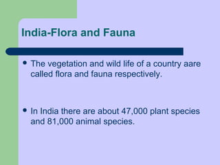 India-Flora and Fauna
 The vegetation and wild life of a country aare
called flora and fauna respectively.
 In India there are about 47,000 plant species
and 81,000 animal species.
 