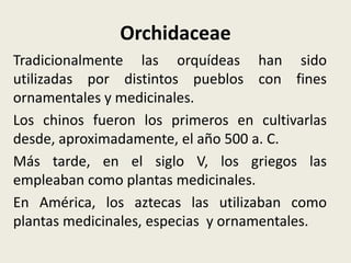 Orchidaceae
Tradicionalmente las orquídeas han sido
utilizadas por distintos pueblos con fines
ornamentales y medicinales.
Los chinos fueron los primeros en cultivarlas
desde, aproximadamente, el año 500 a. C.
Más tarde, en el siglo V, los griegos las
empleaban como plantas medicinales.
En América, los aztecas las utilizaban como
plantas medicinales, especias y ornamentales.
 