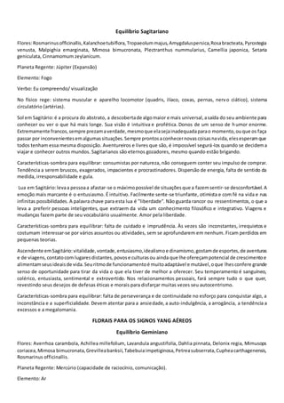 Equilíbrio Sagitariano
Flores:Rosmarinusofficinallis,Kalanchoetubiflora,Tropaeolummajus,Amygdaluspersica,Rosabracteata,Pyrostegia
venusta, Malpighia emarginata, Mimosa bimucronata, Plectranthus nummularius, Camellia japonica, Setaria
geniculata, Cinnamomum zeylanicum.
Planeta Regente: Júpiter (Expansão)
Elemento: Fogo
Verbo: Eu compreendo/ visualização
No físico rege: sistema muscular e aparelho locomotor (quadris, ilíaco, coxas, pernas, nervo ciático), sistema
circulatório (artérias).
Sol em Sagitário:é a procura do abstrato, a descobertade algomaior e mais universal,asaída do seu ambiente para
conhecer ou ver o que há mais longe. Sua visão é intuitiva e profética. Donos de um senso de humor enorme.
Extremamente francos,sempre prezamaverdade,mesmoque elasejainadequadaparao momento,ouque os faça
passar por inconvenientesemalgumassituações.Sempre prontosaconhecernovascoisasnavida,elesesperamque
todos tenham essa mesma disposição. Aventureiros e livres que são, é impossível segurá-los quando se decidema
viajar e conhecer outros mundos. Sagitarianos são eternos gozadores, mesmo quando estão brigando.
Características-sombra para equilibrar: consumistas por natureza, não conseguem conter seu impulso de comprar.
Tendência a serem bruscos, exagerados, impacientes e procrastinadores. Dispersão de energia, falta de sentido da
medida, irresponsabilidade e gula.
Lua em Sagitário:levaa pessoaa afastar-se o máximopossível de situaçõesque a fazemsentir-se desconfortável.A
emoção mais marcante é o entusiasmo. É intuitivo. Facilmente sente-se triunfante, otimista e com fé na vida e nas
infinitas possibilidades. A palavra chave para esta lua é "liberdade". Não guarda rancor ou ressentimentos, o que a
leva a preferir pessoas inteligentes, que extraem da vida um conhecimento filosófico e integrativo. Viagens e
mudanças fazem parte de seu vocabulário usualmente. Amor pela liberdade.
Características-sombra para equilibrar: falta de cuidado e imprudência. Às vezes são inconstantes, irrequietos e
costumam interessar-se por vários assuntos ou atividades, sem se aprofundarem em nenhum. Ficam perdidos em
pequenas teorias.
Ascendente emSagitário:vitalidade,vontade,entusiasmo,idealismoe dinamismo,gostamde esportes,de aventuras
e de viagens,contatocom lugaresdistantes,povose culturasou ainda que lhe ofereçampotencial de crescimentoe
alimentamseusideaisde vida.Seuritmode funcionamentoé muitoadaptável e mutável,oque lhesconfere grande
senso de oportunidade para tirar da vida o que ela tiver de melhor a oferecer. Seu temperamento é sanguíneo,
colérico, entusiasta, sentimental e extrovertido. Nos relacionamentos pessoais, fará sempre tudo o que quer,
revestindo seus desejos de defesas éticas e morais para disfarçar muitas vezes seu autocentrismo.
Características-sombra para equilibrar: falta de perseverança e de continuidade no esforço para conquistar algo, a
inconstância e a superficialidade. Devem atentar para a ansiedade, a auto-indulgência, a arrogância, a tendência a
excessos e a megalomania.
FLORAIS PARA OS SIGNOS YANG AÉREOS
Equilíbrio Geminiano
Flores: Averrhoa carambola, Achillea millefolium, Lavandula angustifolia, Dahlia pinnata, Delonix regia, Mimusops
coriacea,Mimosa bimucronata,Grevilleabanksii,Tabebuiaimpetiginosa,Petreasubserrata,Cupheacarthagenensis,
Rosmarinus officinallis.
Planeta Regente: Mercúrio (capacidade de raciocínio, comunicação).
Elemento: Ar
 