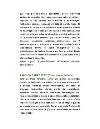 que    são    potencialmente         pecadores.       Estes     indivíduos
sentem-se culpados (às vezes sem nem saber o porque),
impuros,      e    são   vítimas     de    remorsos    e   autopunição.
Problemas sexuais, negação do próprio corpo, medo do
inferno e do purgatório atormentam estas pessoas. Auxilia
na superação da tensão pré-menstrual e menopausa. Atua
positivamente em todas as situações onde há autopunição
ou autodestruição (mesmo que inconsciente), como na
anorexia,         alcoolismo,     anemias,    amenorréias,        etc.    A
essência ajuda o indivíduo a entrar em contato com a
Misericórdia         Divina      e   assim     re-significar      o      seu
entendimento da justiça divina e do Bem e o Mal. Desta
forma ele vive o verdadeiro perdão e a culpa atroz que o
atormentava é resolvida.
Nome    popular:         Cipó-mil-homens.       Coloração:       púrpura-
acastanhado.




    ARNICA CAMPESTRE (Chionolaena latifolia)
Esta essência funciona como um grande restaurador
quando há ferimento, seja físico ou psíquico. Atua quando
a    pessoa       sente-se      ferida    moralmente,      no    caso    de
choques,      ferimentos,         dores,    perda     da    consciência,
acidentes, cortes, traumas, contusões, hemorragias, etc.
Para a cicatrização, antes e após intervenções cirúrgicas,
partos e outras intervenções invasivas ao corpo. Outra
importante função desta essência é sua utilização quando
se deseja que um composto floral atue mais fortemente
buscando a cura física. A palavra chave desta essência é
regeneração.
 