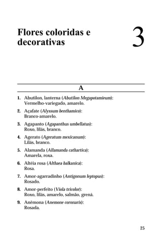Flores coloridas e
decorativas
A
1. Abutilon, lanterna (Abutilon Megapotamieum):
Vermelho-variegado, amarelo.
2. Açafate (Alyssum benthamico):
Branco-amarelo.
3. Agapanto (Agapanthus umbellatus):
Roxo, lilás, branco.
4. Agerato (Ageratum mexicanum):
Lilás, branco.
5. Alamanda (Allamanda cathartica):
Amarela, roxa.
6. Altéia rosa (Althaea balkanica):
Rosa.
7. Amor-agarradinho (Antigonum leptopus):
Rosado.
8. Amor-perfeito (Viola tricolor):
Roxo, lilás, amarelo, salmão, grená.
9. Anêmona (Anemone coronaris):
Rosada.
3
25
 