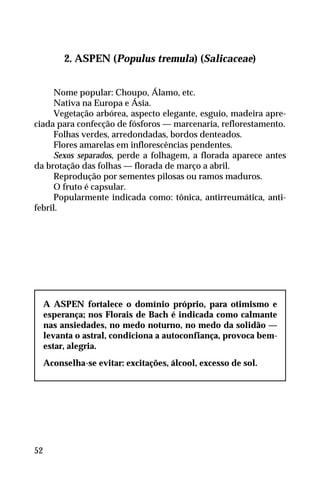 2. ASPEN (Populus tremula) (Salicaceae)
Nome popular: Choupo, Álamo, etc.
Nativa na Europa e Ásia.
Vegetação arbórea, aspecto elegante, esguio, madeira apre-
ciada para confecção de fósforos — marcenaria, reflorestamento.
Folhas verdes, arredondadas, bordos denteados.
Flores amarelas em inflorescências pendentes.
Sexos separados, perde a folhagem, a florada aparece antes
da brotação das folhas — florada de março a abril.
Reprodução por sementes pilosas ou ramos maduros.
O fruto é capsular.
Popularmente indicada como: tônica, antirreumática, anti-
febril.
A ASPEN fortalece o domínio próprio, para otimismo e
esperança; nos Florais de Bach é indicada como calmante
nas ansiedades, no medo noturno, no medo da solidão —
levanta o astral, condiciona a autoconfiança, provoca bem-
estar, alegria.
Aconselha-se evitar: excitações, álcool, excesso de sol.
52
 