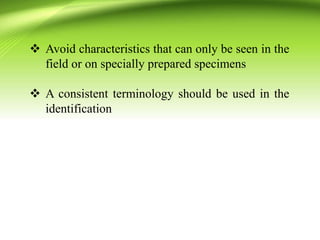 Avoid characteristics that can only be seen in the
field or on specially prepared specimens
 A consistent terminology should be used in the
identification
 