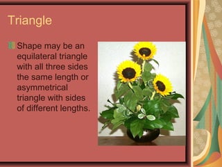 Triangle
Shape may be an
equilateral triangle
with all three sides
the same length or
asymmetrical
triangle with sides
of different lengths.
 