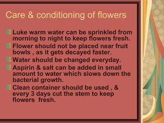 Care & conditioning of flowers
Luke warm water can be sprinkled from
morning to night to keep flowers fresh.
Flower should not be placed near fruit
bowls , as it gets decayed faster.
Water should be changed everyday.
Aspirin & salt can be added in small
amount to water which slows down the
bacterial growth.
Clean container should be used , &
every 3 days cut the stem to keep
flowers fresh.
 