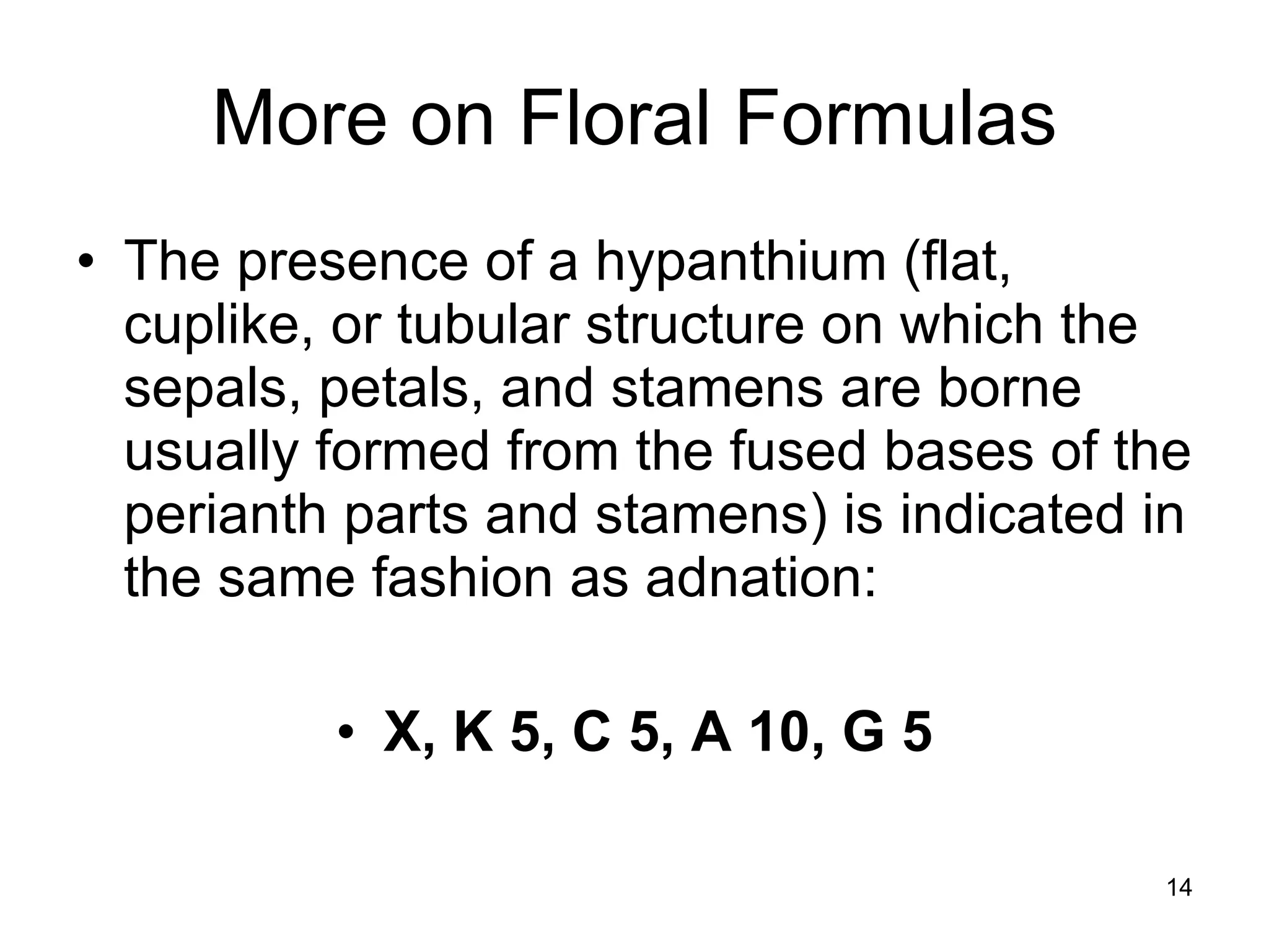 More on Floral Formulas The presence of a hypanthium (flat, cuplike, or tubular structure on which the sepals, petals, and stamens are borne usually formed from the fused bases of the perianth parts and stamens) is indicated in the same fashion as adnation: X, K 5, C 5, A 10, G 5 