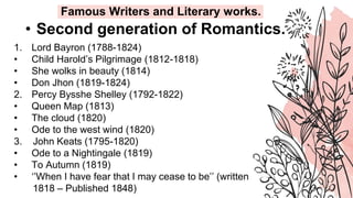 • Second generation of Romantics.
1. Lord Bayron (1788-1824)
• Child Harold’s Pilgrimage (1812-1818)
• She wolks in beauty (1814)
• Don Jhon (1819-1824)
2. Percy Bysshe Shelley (1792-1822)
• Queen Map (1813)
• The cloud (1820)
• Ode to the west wind (1820)
3. John Keats (1795-1820)
• Ode to a Nightingale (1819)
• To Autumn (1819)
• ‘’When I have fear that I may cease to be’’ (written
1818 – Published 1848)
Famous Writers and Literary works.
 