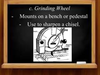 c. Grinding Wheel
- Mounts on a bench or pedestal
- Use to sharpen a chisel.
 