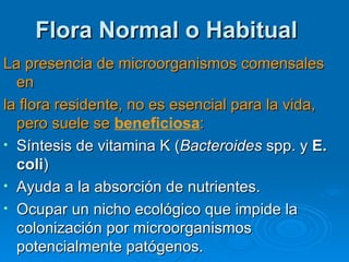 Flora Normal o Habitual
La presencia de microorganismos comensales
  en
la flora residente, no es esencial para la vida,
  pero suele se beneficiosa:
• Síntesis de vitamina K (Bacteroides spp. y E.
  coli)
• Ayuda a la absorción de nutrientes.
• Ocupar un nicho ecológico que impide la
  colonización por microorganismos
  potencialmente patógenos.
 