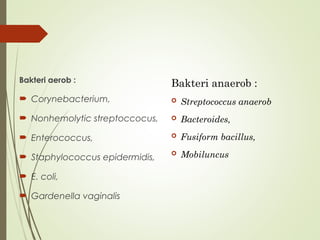 Bakteri aerob :
 Corynebacterium,
 Nonhemolytic streptoccocus,
 Enterococcus,
 Staphylococcus epidermidis,
 E. coli,
 Gardenella vaginalis
Bakteri anaerob :
 Streptococcus anaerob
 Bacteroides,
 Fusiform bacillus,
 Mobiluncus
 