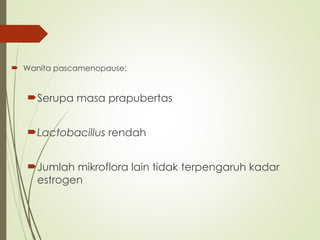  Wanita pascamenopause:
Serupa masa prapubertas
Lactobacillus rendah
Jumlah mikroflora lain tidak terpengaruh kadar
estrogen
 