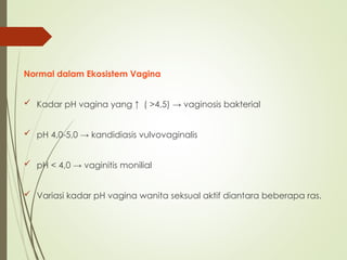 Normal dalam Ekosistem Vagina
 Kadar pH vagina yang ↑ ( >4,5) → vaginosis bakterial
 pH 4,0-5,0 → kandidiasis vulvovaginalis
 pH < 4,0 → vaginitis monilial
 Variasi kadar pH vagina wanita seksual aktif diantara beberapa ras.
 