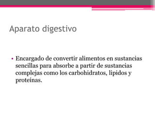 Aparato digestivo


• Encargado de convertir alimentos en sustancias
  sencillas para absorbe a partir de sustancias
  complejas como los carbohidratos, lipidos y
  proteínas.
 