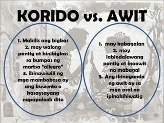 1. Mabilis ang bigkas
2. may walong
pantig at binibigkas
sa kumpas ng
martsa “allegro”
3. ikinawiwili ng
mga mambabasa ay
ang kuwento o
kasaysayang
napapaloob dito
1. may kabagalan
2. may
labindalawang
pantig at inaawit
na mabagal
3. Ang ikinaganda
ng awit ay sa
mga aral na
ipinahihiwatig
KORIDO vs. AWIT
 