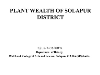 PLANT WEALTH OF SOLAPUR
DISTRICT
DR. S. P. GAIKWD
Department of Botany,
Walchand College of Arts and Science, Solapur- 413 006 (MS) India.
 