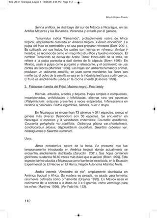 flora util en nicaragua_Layout 1 11/25/09 2:55 PM Page 112




                                                                               Alfredo Grijalva Pineda



                       Senna uniflora, se distribuye del sur de México a Nicaragua, en las
              Antillas Mayores y las Bahamas. Venenosa y evitada por el ganado.

                       Tamarindus indica “Tamarindo”, probablemente nativa de Africa
              tropical, ampliamente cultivada en América tropical. Género monotípico. La
              pulpa del fruto es comestible y se usa para preparar refrescos (Dorr 2001).
              Es cultivada por sus frutos, los cuales son hechos en refresco, almíbar y
              helados; es reconocido como un magnífico diurético y laxativo moderado. El
              nombre Tamarindo se deriva del Arabe Tamar Hindi=dátil de la India, se
              refiere a la pulpa parecida a dátil dentro de la cápsula (Bown 1995). En
              México, usan la pulpa como purgante y refrescante, y el cocimiento se usa
              contra las fiebres (Martínez 1936). Las hojas son alimento humano y animal,
              producen un colorante amarillo, se usan como mordiente; las flores son
              melíferas; el polvo de la semilla se usa en la industria textil para curtir cueros.
              El fruto es ampliamente usado en la cocina oriental (Cáceres 1999).

              3. Fabaceae (familia del Frijol, Madero negro). Pea family

                      Hierbas, arbustos, árboles y bejucos. Hojas simples o compuestas,
              imparipinnadas, unifolioladas o trifolioladas, alternas rara vez opuestas
              (Platymiscium), estípulas presentes a veces estipetadas. Inflorescencia en
              racimos o panículas. Frutos legumbres, samara, nuez o drupa.

                     En Nicaragua se encuentran 73 géneros y 311 especies, siendo el
              género más diverso Desmodium con 30 especies. Se encuentran en
              Nicaragua 4 especies y 3 variedades endémicas: Coursetia apantensis,
              Coursetia polyphylla var.acutifolia, Dalbergia glabra var.chontalensis,
              Lonchocarpus pilosus, Stypholobium caudatum, Swartzia cubensis var.
              nicaraguensis y Swartzia sumorum.

              Usos:

                        Abrus precatorius, nativo de la India. Se presume que fue
              tempranamente introducida en América tropical donde actualmente se
              encuentra ampliamente distribuida (Zarucchi 2001). Sus hojas contienen
              glicirricina, sustancia 50-60 veces más dulce que el azúcar (Bown 1995). Esta
              especie fué introducida a Nicaragua como fuente de insecticida, en la Estación
              Experimental de El Recreo en El Rama, Región Autónoma Atlántico Norte.

                      Andira inermis “Almendro de río”, ampliamente distribuida en
              América tropical y Africa. Su madera es pesada, es usada para tornería;
              raramente cultivada como ornamental (Grijalva 1992). En México usan el
              cocimiento de la corteza a la dosis de 3 a 5 gramos, como vermífugo para
              los niños (Martínez 1936). (Ver Foto No. 152).



              112
 