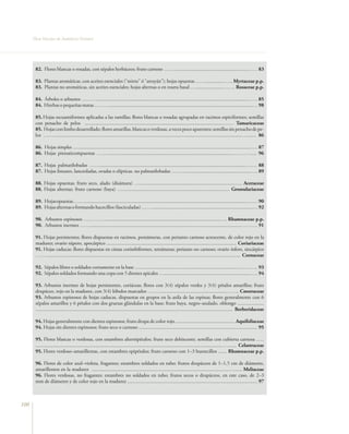 Flora Vascular de Andalucía Oriental




       82. Flores blancas o rosadas, con sépalos herbáceos; fruto carnoso ….….........................................................…… 83

       83. Plantas aromáticas, con aceites esenciales (“mirto” ó “arrayán”); hojas opuestas ……...............….. Myrtaceae p.p.
       83. Plantas no aromáticas, sin aceites esenciales; hojas alternas o en roseta basal …......................……. Rosaceae p.p.

       84. Árboles o arbustos ……….......................................................................................................................…… 85
       84. Hierbas o pequeñas matas ……….................................................................................................................… 98

       85. Hojas escuamiformes aplicadas a las ramillas; flores blancas o rosadas agrupadas en racimos espiciformes; semillas
       con penacho de pelos ..............................................................................................................…… Tamaricaceae
       85. Hojas con limbo desarrollado; flores amarillas, blancas o verdosas, a veces poco aparentes; semillas sin penacho de pe-
       los ….…....................................................................................................................................................…....... 86

       86. Hojas simples ….........................................................................................................................................…. 87
       86. Hojas pinnaticompuestas ……..................................................................................................………….... 96

       87. Hojas palmatilobadas ……...................................................................................................................……. 88
       87. Hojas lineares, lanceoladas, ovadas o elípticas, no palmatilobadas ……......................................................….. 89

       88. Hojas opuestas; fruto seco, alado (disámara) …............................................................................…. Aceraceae
       88. Hojas alternas; fruto carnoso (baya) …..................................................................................... Grossulariaceae

       89. Hojas opuestas ……..................................................................................................................................…… 90
       89. Hojas alternas o formando hacecillos (fasciculadas) ……................................................................................… 92

       90. Arbustos espinosos …………............................................................................................…. Rhamnaceae p.p.
       90. Arbustos inermes …….......................................................................................................................………. 91

       91. Hojas persistentes; flores dispuestas en racimos, pentámeras, con perianto carnoso acrescente, de color rojo en la
       madurez; ovario súpero, apocárpico ....................................................................................................... Coriariaceae
       91. Hojas caducas; flores dispuestas en cimas corimbiformes, tetrámeras; perianto no carnoso; ovario ínfero, sincárpico
       …….......................................................................................................................................................... Cornaceae

       92. Sépalos libres o soldados cortamente en la base …...............................................................................……….. 93
       92. Sépalos soldados formando una copa con 5 dientes apicales ….....................................................................…. 94

       93. Arbustos inermes de hojas persistentes, coriáceas; flores con 3(4) sépalos verdes y 3(4) pétalos amarillos; fruto
       drupáceo, rojo en la madurez, con 3(4) lóbulos marcados ….….....................................................…….. Cneoraceae
       93. Arbustos espinosos de hojas caducas, dispuestas en grupos en la axila de las espinas; flores generalmente con 6
       sépalos amarillos y 6 pétalos con dos gruesas glándulas en la base; fruto baya, negro–azulado, oblongo .....................
       ............................................................................................................................................................ Berberidaceae

       94. Hojas generalmente con dientes espinosos; fruto drupa de color rojo ............................................... Aquifoliaceae
       94. Hojas sin dientes espinosos; fruto seco o carnoso .............................................................................................. 95

       95. Flores blancas o verdosas, con estambres alternipétalos; fruto seco dehiscente; semillas con cubierta carnosa …..
       ....................................................................................................................................................…....... Celastraceae
       95. Flores verdoso–amarillentas, con estambres epipétalos; fruto carnoso con 1–3 huesecillos ....... Rhamnaceae p.p.

       96. Flores de color azul–violeta, fragantes; estambres soldados en tubo; frutos drupáceos de 1–1,5 cm de diámetro,
       amarillentos en la madurez .............................................................................................................…...... Meliaceae
       96. Flores verdosas, no fragantes; estambres no soldados en tubo; frutos secos o drupáceos, en este caso, de 2–3
       mm de diámetro y de color rojo en la madurez ....................................................................................................... 97



100
 