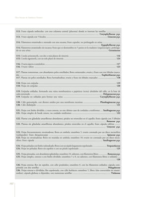 Flora Vascular de Andalucía Oriental




       113. Fruto cápsula unilocular, con una columna central (placenta) donde se insertan las semillas ........................
       ........................................................................................................................................…... Caryophyllaceae p.p.
       113. Fruto cápsula con 5 lóculos .......................................................................................................... Linaceae p.p.

       114. Filamentos estaminales a menudo con una escama; fruto capsular, no prolongado en arista ………………......
       ..............................................................................................................................................… Zygophyllaceae p.p.
       114. Filamentos estaminales sin escama; fruto que se desmembra en 5 partes en la madurez (esquizocarpo), prolonga-
       do en una arista ...................................................................................................................................... Geraniaceae

       115. Corola actinomorfa, con dos o más planos de simetría .................................................................................. 116
       115. Corola zigomorfa, con un solo plano de simetría ........................................................................................... 124

       116. Ovario súpero o semiínfero ............................................................................................................................ 117
       116. Ovario ínfero ............................................................................................................................................. 123

       117. Plantas tomentosas, con abundantes pelos estrellados; flores unisexuales; ovario y fruto con tres lóbulos marca-
       dos ............................................................................................................................................. Euphorbiaceae p.p.
       117. Plantas sin pelos estrellados; flores hermafroditas; ovario y fruto sin lóbulos marcados ............................... 118

       118. Hojas con estípulas ...................................................................................................................................... 119
       118. Hojas sin estípulas ....................................................................................................................................... 120

       119. Estípulas soldadas, formando una vaina membranácea o papirácea (ocrea) alrededor del tallo, en la base de
       cada entrenudo .............................................................................................................................. Polygonaceae p.p.
       119. Estípulas no soldadas para formar una vaina .............................................................. Caryophyllaceae p.p.

       120. Cáliz gamosépalo, con dientes unidos por una membrana escariosa ............................ Plumbaginaceae p.p.
       120. Cáliz dialisépalo .......................................................................................................................................... 121

       121. Hojas con limbo dividido, a veces enteras, en este último caso de cordadas a reniformes .... Saxifragaceae p.p.
       121. Hojas simples de borde entero, no cordado–reniformes ............................................................................ 122

       122. Plantas con glándulas amarillentas abundantes; pétalos no retorcidos en el capullo; fruto cápsula con 5 lóbulos
       ........................................................................................................................................................... Rutaceae p.p.
       122. Plantas sin glándulas amarillentas abundantes; pétalos retorcidos en el capullo; fruto cápsula esférica .........
       ........................................................................................................................................................... Linaceae p.p.

       123. Hojas frecuentemente envainadoras; flores en umbela; estambres 5; ovario coronado por un disco nectarífero
       (estilopodio); fruto diesquizocarpo …............................................................................................... Apiaceae p.p.
       123. Hojas no envainadoras; flores no reunidas en umbela; estambres 10; ovario no coronado por un disco necta-
       rífero; fruto cápsula ……………......................................................................................……... Saxifragaceae p.p.

       124. Hojas peltadas con limbo redondeado; flores con un sépalo largamente espolonado ……..........….. Tropaeolaceae
       124. Hojas no peltadas; flores sin espolón o con un pétalo espolonado .………..........................................……. 125

       125. Hojas pinnadas, con abundantes glándulas; estambres 10, salientes, con filamentos libres ............... Rutaceae p.p.
       125. Hojas simples, enteras o con limbo dividido; estambres 5 u 8, no salientes, con filamentos libres o soldados ....
       ............................................................................................................................................................................. 126

       126. Hojas enteras; flor sin espolón, con cáliz petaloideo; estambres 8, con los filamentos soldados; cápsula com-
       primida con dos semillas ……..……...............................................................................................…. Polygalaceae
       126. Hojas enteras o divididas; flor espolonada, con cáliz herbáceo; estambres 5, libres (dos convertidos en estami-
       nodios); cápsula globosa o elipsoidea, con numerosas semillas ……………......................................…… Violaceae



102
 