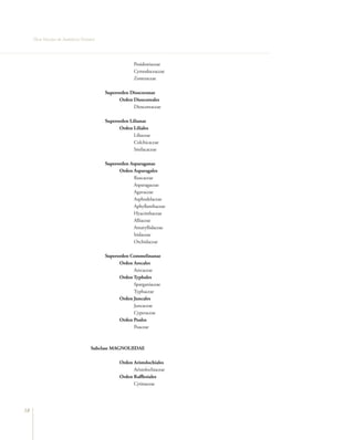 Flora Vascular de Andalucía Oriental




                                                         Posidoniaceae
                                                         Cymodoceaceae
                                                         Zosteraceae

                                            Superorden Dioscoranae
                                                  Orden Dioscoreales
                                                        Dioscoreaceae

                                            Superorden Lilianae
                                                  Orden Liliales
                                                         Liliaceae
                                                         Colchicaceae
                                                         Smilacaceae

                                            Superorden Asparaganae
                                                  Orden Asparagales
                                                         Ruscaceae
                                                         Asparagaceae
                                                         Agavaceae
                                                         Asphodelaceae
                                                         Aphyllanthaceae
                                                         Hyacinthaceae
                                                         Alliaceae
                                                         Amaryllidaceae
                                                         Iridaceae
                                                         Orchidaceae

                                            Superorden Commelinanae
                                                  Orden Arecales
                                                        Arecaceae
                                                  Orden Typhales
                                                        Sparganiaceae
                                                        Typhaceae
                                                  Orden Juncales
                                                        Juncaceae
                                                        Cyperaceae
                                                  Orden Poales
                                                        Poaceae



                                      Subclase MAGNOLIIDAE

                                                  Orden Aristolochiales
                                                        Aristolochiaceae
                                                  Orden Rafflesiales
                                                        Cytinaceae




18
 