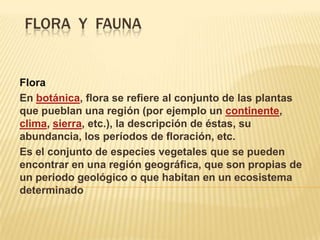 FLORA Y FAUNA

Flora
En botánica, flora se refiere al conjunto de las plantas
que pueblan una región (por ejemplo un continente,
clima, sierra, etc.), la descripción de éstas, su
abundancia, los períodos de floración, etc.
Es el conjunto de especies vegetales que se pueden
encontrar en una región geográfica, que son propias de
un periodo geológico o que habitan en un ecosistema
determinado

 