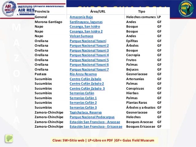 Provincia Área/URL Tipo
General Amazonía Baja Helechos comunes LP
Morona-Santiago Sardinayacu, lagunas Andes GF
Napo Cosanga, San Isidro Bosque GF
Napo Cosanga, San Isidro 2 Bosque GF
Napo VolcanSumaco Andes GF
Orellana ParqueNacional Yasuní Epífitas GF
Orellana ParqueNacional Yasuní 2 Árboles GF
Orellana ParqueNacional Yasuní 3 Bosque GF
Orellana ParqueNacional Yasuní 4 Cecropia GF
Orellana ParqueNacional Yasuní 5 Frutos GF
Orellana ParqueNacional Yasuní 6 Palmas GF
Orellana ParqueNacional Yasuní 7 Bejucos GF
Pastaza Río Anzu Reserva Gesneriaceae GF
Sucumbíos Centro Cofán Zabalo Artersanías GF
Sucumbíos Centro Cofán Zabalo 2 Palmas GF
Sucumbíos Centro Cofán Zabalo 3 Conspicuas GF
Sucumbíos SerraníasCofán Hierbas GF
Sucumbíos Serranías Cofán 1 Palmas GF
Sucumbíos Serranías Cofán 2 Plantas Raras GF
Sucumbíos Serranías Cofán 3 Árboles y arbustos GF
Zamora-Chinchipe Tapichalaca, Reserva Gesneriaceae GF
Zamora-Chinchipe ParqueNacional Podocarpus Helechos GF
Zamora-Chinchipe Estación San Francisco - Araceae Bosques Araceae GF
Zamora-Chinchipe Estación San Francisco - Ericaceae Bosques Ericaceae GF
Clave: SW=Sitio web | LP=Libro en PDF |GF= Guías Field Museum
A
M
A
Z
O
N
Í
A
 