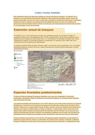 Este subsistema abarca los elementos biológicos y físicos del espacio estudiado. Los talleres con la
población y sus autoridades han permitido identificar la flora (especies forestales, pastos, número de
plantas medicinales y su uso, etc), fauna, suelos (tipo y pendiente, métodos de conservación), hidrología y
finalmente el clima. Valiosa es La percepción de los pobladores acerca de cómo han variado en el
transcurso de los diez últimos años los vientos y las lluvias, qué consecuencias han tenido estos cambios
en sus actividades y cómo los enfrentan.
Extensión actual de bosques
En el distrito, son 17 los caseríos que cuentan con superficie boscosa. En la mayoría de ellos, la
superficie ha disminuido. Los pobladores de El Triunfo, Quelluacocha y Ojo de Agua, señalaron que la
superficie de sus bosques ha dismunuido entre 5 a 50 hectareas. Sin embargo, en Nuevo San José y
Casablanca se reportó un incremento hasta de 15 hectáreas con respecto al año 1996. Esto como
consecuencia de los programas de reforestación.
La especies predominantes de estos bosques, según la percepción de los pobladores, son: el eucalipto
(Eucalyptus globulus), el pino (Pinus sp.), ciprés (Cupresus sp), el palto (Persea americana) y la taya
(Caesalpinia spinosa).
Especies forestales predominantes
El distrito de Namora alberga 20 especies forestales cuyos usos son maderables, construcción,
medicinales y alimenticios. Estas se distribuyen de manera homogénea, sin embargo existen especies
más dominantes que otras.
Las especies forestales más dominantes, con un 25% cada una, son el aliso (Alnus jorulensi) y el queñual
(Polylepis sp.). El primero se encuentra en los caseríos de la parte alta y media de los tributarios del río
Namora. Tales como: La Laguna Santa Úrsula, El Aliso, Caucau, entre otros. Mientras que el segundo se
distribuye en Progreso, Campo Alegre, La Colpa, La Masma, Torres Huaylla, Sarin, entre otros; en su
mayoría estos están ubicados en la parte alta de los tributarios del Río Chucsen. El uso que se le da a
ambos es básicamente para leña. Asimismo, los pobladores señalaron que ya existe una conciencia de
reforestación de los bosques de queñuales por ello, actualmente, este es el uso que se le esta dando.
El sauco (Sambucus peruviana), con un 22.8%, es la segunda especie importante y se encuentran en
diferentes caseríos del este, oeste y sur del distrito. Por ejemplo: Sarin, Namora, Chilacate, La Masma,
Progreso, Quellacocha, entre otros. El uso que se le da es para leña, alimenticio, o simplemente se tala
 