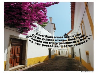 Évora! Ruas ermas sob os céus Cor de violetas roxas... Ruas frades Pedindo em triste penitência a Deus Que nos perdoe as míseras vaidades! 