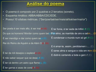 • O poema é composto por 2 quadras e 2 tercetos (soneto).
• Esquema rimático: ABBA/ABBA/CDC/EDE.
• Possui 10 sílabas métricas. (“Ser/poe/taé/ser/mais/al/toé/ser/mai/or”)
Ser poeta é ser mais alto, é ser maior (A)
Do que os homens! Morder como quem beija! (B)
É ser mendigo e dar como quem seja (B)
Rei do Reino de Aquém e de Além Dor! (A)
É ter de mil desejos o esplendor (A)
E não saber sequer que se deseja! (B)
É ter cá dentro um astro que flameja, (B)
É ter garras e asas de condor! (A)
É ter fome, é ter sede de Infinito! (C)
Por elmo, as manhãs de oiro e cetim… (D)
É condensar o mundo num só grito! (C)
E é amar-te, assim, perdidamente… (E)
É seres alma e sangue e vida em mim (D)
E dizê-lo cantando a toda a gente! (E)
 