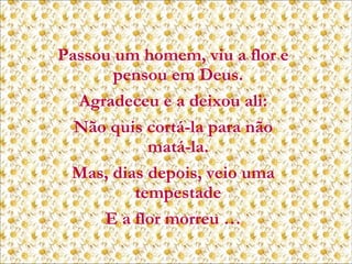 Passou um homem, viu a flor e
pensou em Deus.
Agradeceu e a deixou ali:
Não quis cortá-la para não
matá-la.
Mas, dias depois, veio uma
tempestade
E a flor morreu …

 