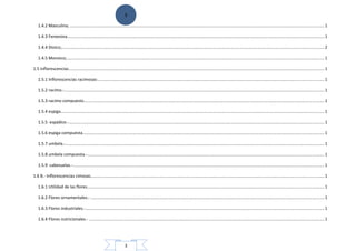 3
3
1.4.2 Masculina; .......................................................................................................................................................................................................................1
1.4.3 Femenina.........................................................................................................................................................................................................................1
1.4.4 Dioico;..............................................................................................................................................................................................................................2
1.4.5 Monoico;..........................................................................................................................................................................................................................1
1.5 Inflorescencias........................................................................................................................................................................................................................1
1.5.1 Inflorescencias racimosas:...............................................................................................................................................................................................1
1.5.2 racimo.-............................................................................................................................................................................................................................1
1.5.3 racimo compuesto...........................................................................................................................................................................................................1
1.5.4 espiga...............................................................................................................................................................................................................................1
1.5.5 espádice.-........................................................................................................................................................................................................................1
1.5.6 espiga compuesta............................................................................................................................................................................................................1
1.5.7 umbela.-...........................................................................................................................................................................................................................1
1.5.8 umbela compuesta.-........................................................................................................................................................................................................1
1.5.9 cabezuelas.-....................................................................................................................................................................................................................1
1.6 B.- Inflorescencias cimosas.....................................................................................................................................................................................................1
1.6.1 Utilidad de las flores........................................................................................................................................................................................................1
1.6.2 Flores ornamentales.- .....................................................................................................................................................................................................1
1.6.3 Flores industriales.-..........................................................................................................................................................................................................1
1.6.4 Flores nutricionales.- .......................................................................................................................................................................................................1
 