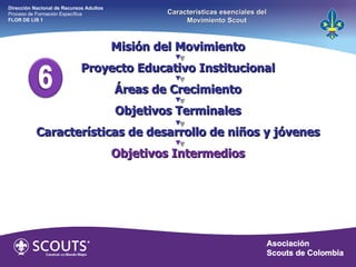 Misión del Movimiento Proyecto Educativo Institucional Áreas de Crecimiento Objetivos Terminales Características de desarrollo de niños y jóvenes Objetivos Intermedios Dirección Nacional de Recursos Adultos  Proceso de Formación Específica  FLOR DE LIS 1 Características esenciales del Movimiento Scout 