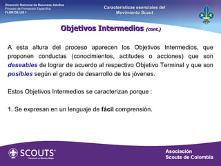 Objetivos Intermedios  (cont.) A esta altura del proceso aparecen los Objetivos Intermedios, que proponen conductas (conocimientos, actitudes o acciones) que son  deseables  de lograr de acuerdo al respectivo Objetivo Terminal y que son  posibles  según el grado de desarrollo de los jóvenes.  Estos Objetivos Intermedios se caracterizan porque :   1.   Se expresan en un lenguaje de  fácil  comprensión. Dirección Nacional de Recursos Adultos  Proceso de Formación Específica  FLOR DE LIS 1 Características esenciales del Movimiento Scout 