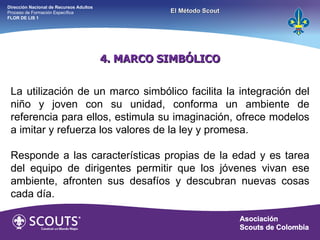 4. MARCO SIMBÓLICO La utilización de un marco simbólico facilita la integración del niño y joven con su unidad, conforma un ambiente de referencia para ellos, estimula su imaginación, ofrece modelos a imitar y refuerza los valores de la ley y promesa.  Responde a las características propias de la edad y es tarea del equipo de dirigentes permitir que los jóvenes vivan ese ambiente, afronten sus desafíos y descubran nuevas cosas cada día. Dirección Nacional de Recursos Adultos  Proceso de Formación Específica  FLOR DE LIS 1 El Método Scout 