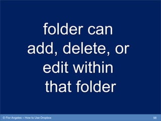 folder can
add, delete, or
edit within
that folder
98© Flor Angeles – How to Use Dropbox
 
