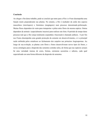 13 
Conclusão 
Ao chegar o fim deste trabalho, pode-se concluir que tanto para a Flor e o Fruto desempenha uma 
função muito preponderante nas plantas. No entanto, a flor é mediador da união dos esporos 
masculinos (micrósporo) e femininos (megásporo) num processo denominado polinização. 
Muitas flores dependem do vento para transportar o pólen entre flores da mesma espécie. Outras 
dependem de animais (especialmente insectos) para realizar este feito. O período de tempo deste 
processo (até que a flor esteja totalmente expandida e funcional) é chamado anthesis. E por fim 
nos Frutos desempenha uma grande protecção da semente em desenvolvimento, e é a principal 
razão atribuída pelos estudiosos ao fechamento dos carpelos nas primeiras Angiospermas. Ao 
longo de sua evolução, as plantas com flores e frutos desenvolveram novos tipos de frutos, e 
novas estratégias para a dispersão das sementes contidas neles, de forma que nas espécies actuais 
há uma variedade imensa de cores, formas, estruturas acessórias e sabores, cada qual 
especializado em uma forma diferente de dispersão de sementes. 
 