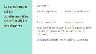 Le corps humain
est un
organisme qui se
nourrit et digère
des aliments
Aliments =
Matière organique issue du monde vivant
+
Matière minérale issue des roches
Pour avoir un corps sain, il faut un équilibre entre
apports végétaux / végétaux transformés et
animaux.
Le corps est issu de l’assimilation des aliments
 