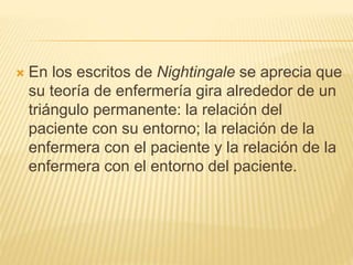  En los escritos de Nightingale se aprecia que
su teoría de enfermería gira alrededor de un
triángulo permanente: la relación del
paciente con su entorno; la relación de la
enfermera con el paciente y la relación de la
enfermera con el entorno del paciente.
 